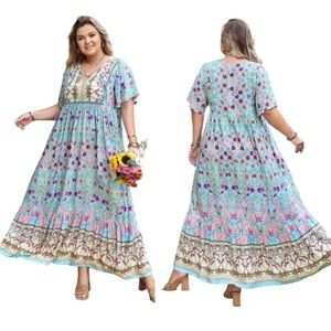 Rusttydussty Floral Blue and Pink Maxi Dress Size 3XL